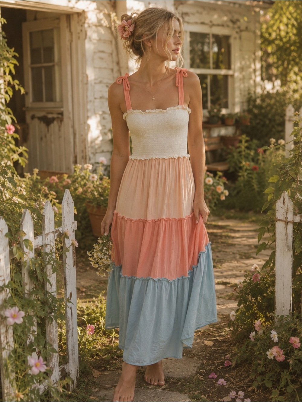 Bebop Colorblock Smocked Tiered Maxi Dress Cottagecore Boho Small